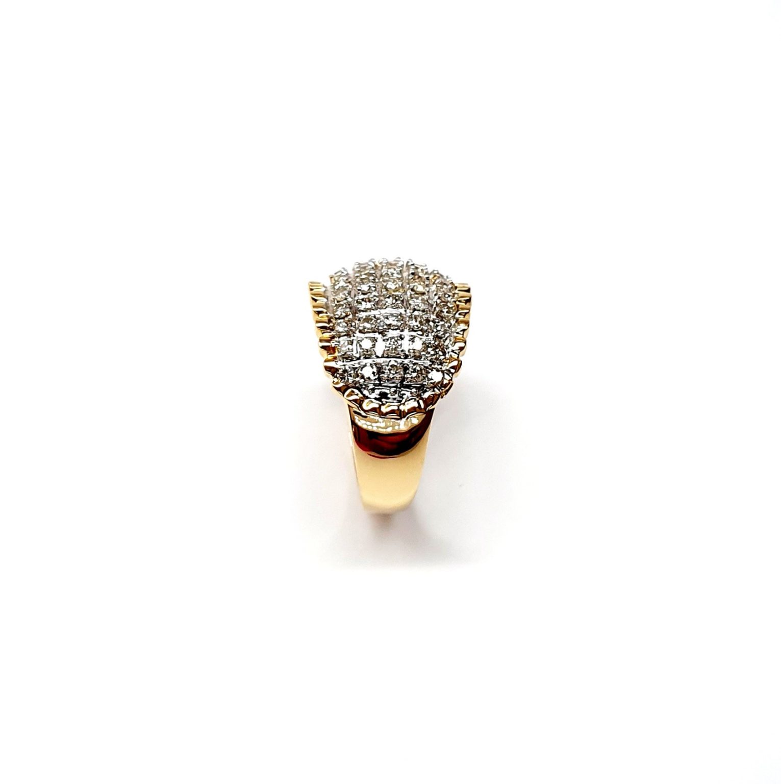 Bombay ring with Seventy round diamonds In a rhodium Pave setting, the total diamond weight is approx. one carat with 7.8 grams of 18ct yellow gold width at the top widest part is 13.6mm tapering to 3.6mm at the back