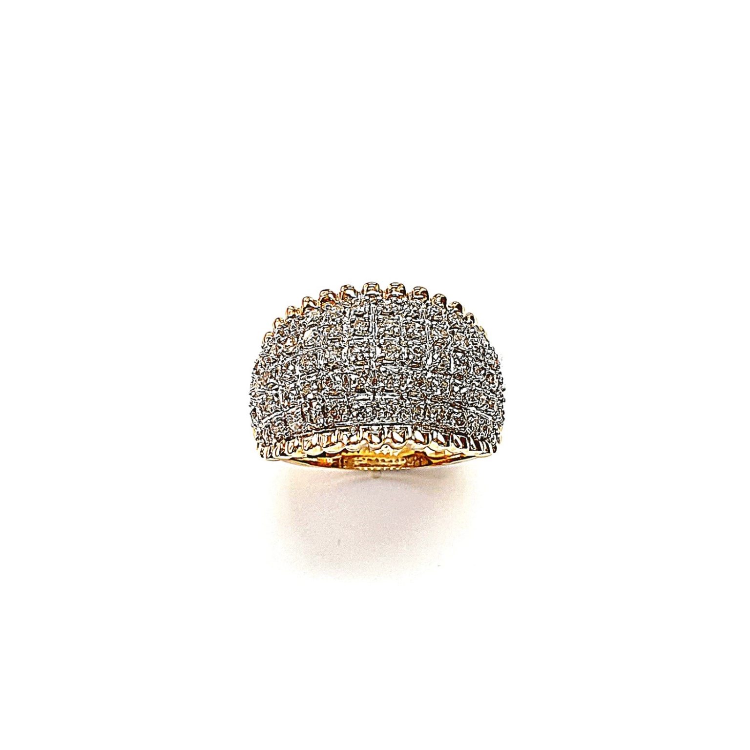 Bombay ring with Seventy round diamonds In a rhodium Pave setting, the total diamond weight is approx. one carat with 7.8 grams of 18ct yellow gold width at the top widest part is 13.6mm tapering to 3.6mm at the back