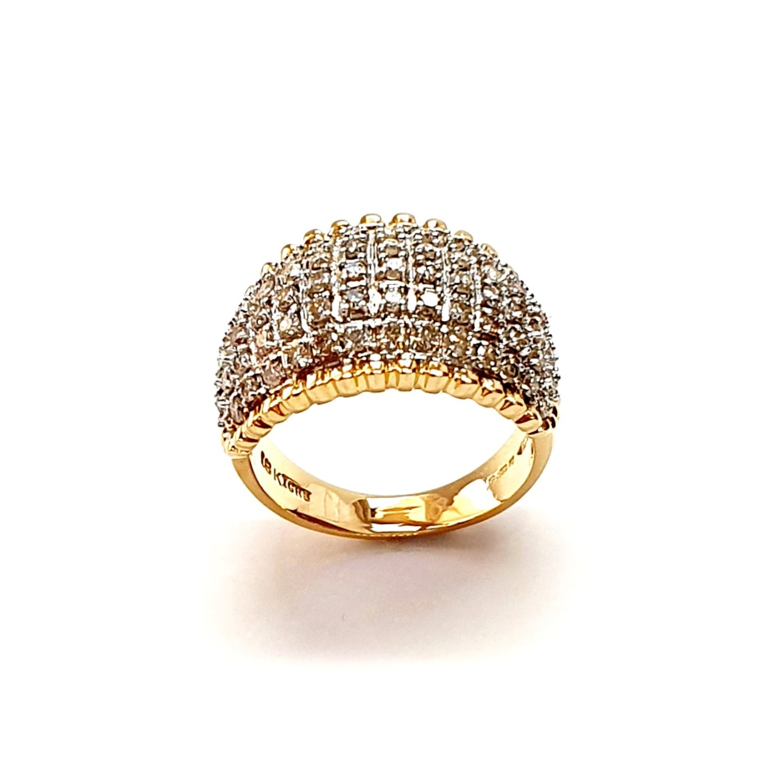 Bombay ring with Seventy round diamonds In a rhodium Pave setting, the total diamond weight is approx. one carat with 7.8 grams of 18ct yellow gold width at the top widest part is 13.6mm tapering to 3.6mm at the back