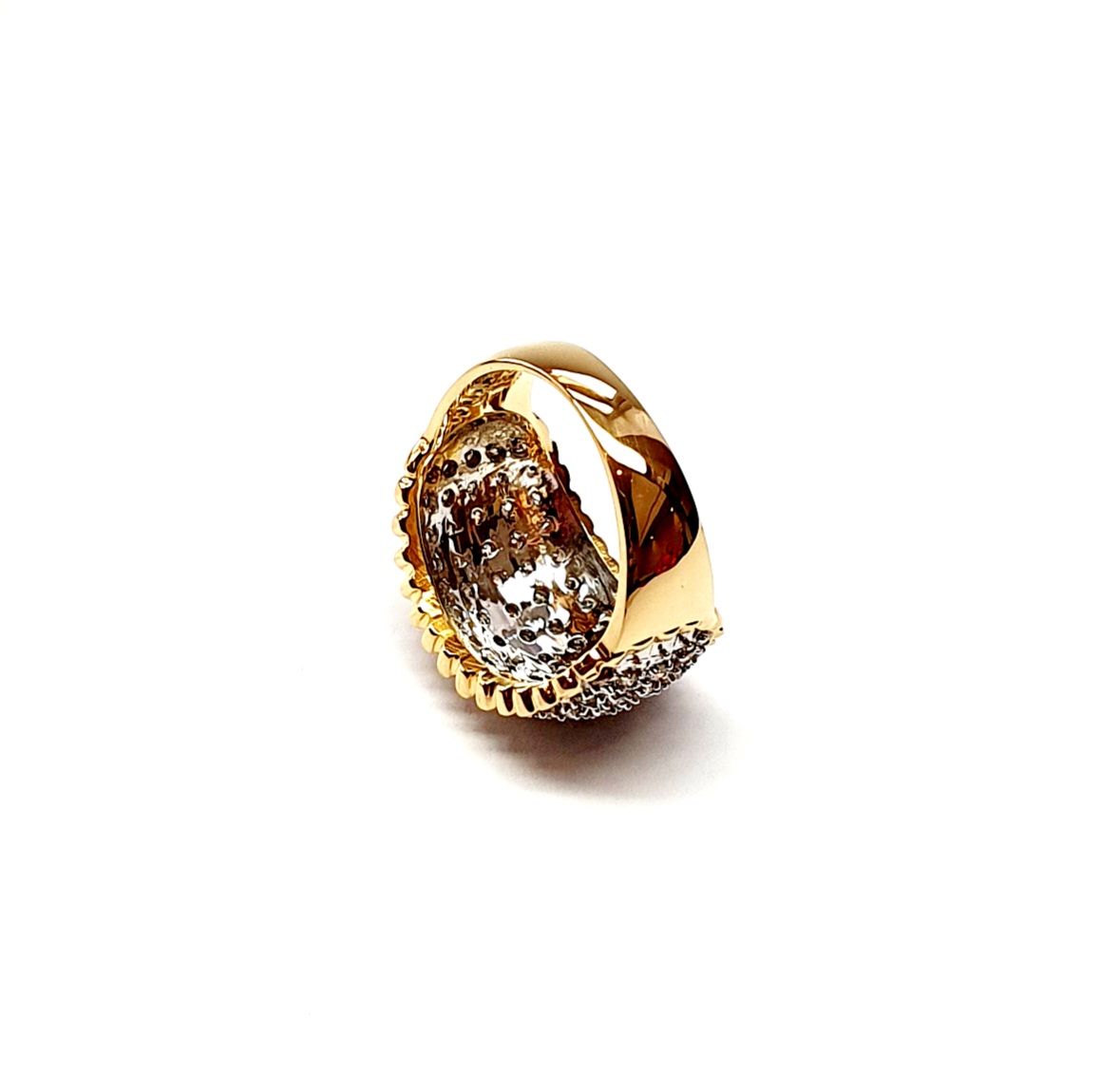 Bombay ring with Seventy round diamonds In a rhodium Pave setting, the total diamond weight is approx. one carat with 7.8 grams of 18ct yellow gold width at the top widest part is 13.6mm tapering to 3.6mm at the back