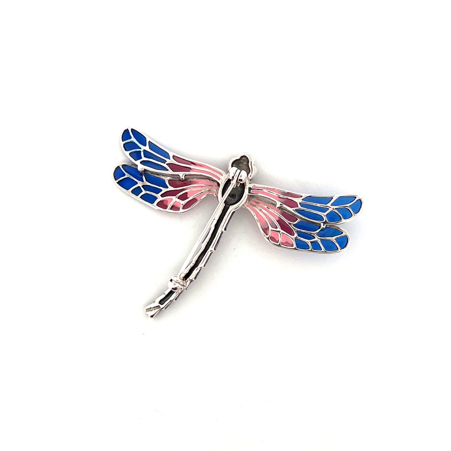 Back of Blue Dragonfly Brooch showing pin and swivel safety clasp on white background.