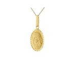 9ct gold oval Mary Necklace/Pendant with a matt finish front with a sparkling diamond cut edge, & the back is highly polished and comes with a choice of chain lengths.