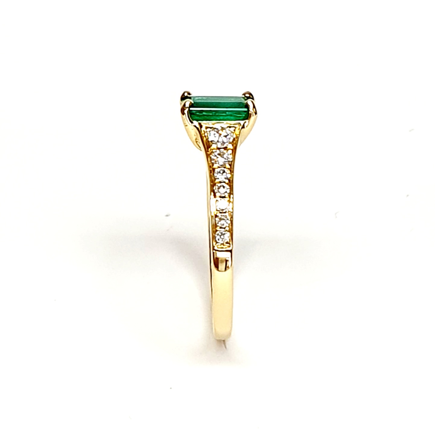 18ct Yellow Gold Emerald Cut Emerald Ring RA00694 with Diamond Tapered Shank to Each Side.