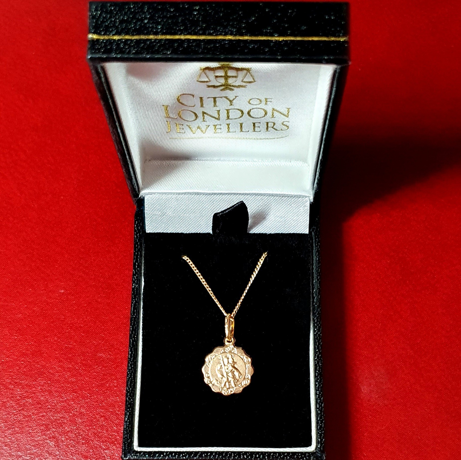 9ct-Gold Fancy-Saint-Christopher Necklace with a choice of chain lengths. In box.