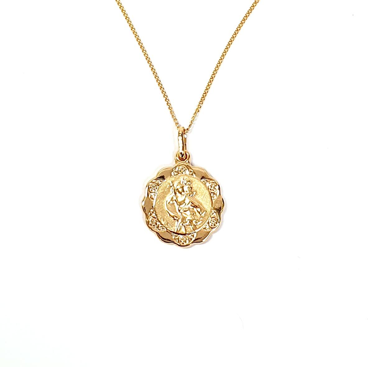 9ct-Gold Fancy-Saint-Christopher Necklace  a petite round Saint Christopher necklace with a scalloped edge PC00545 with a choice of chain lengths.