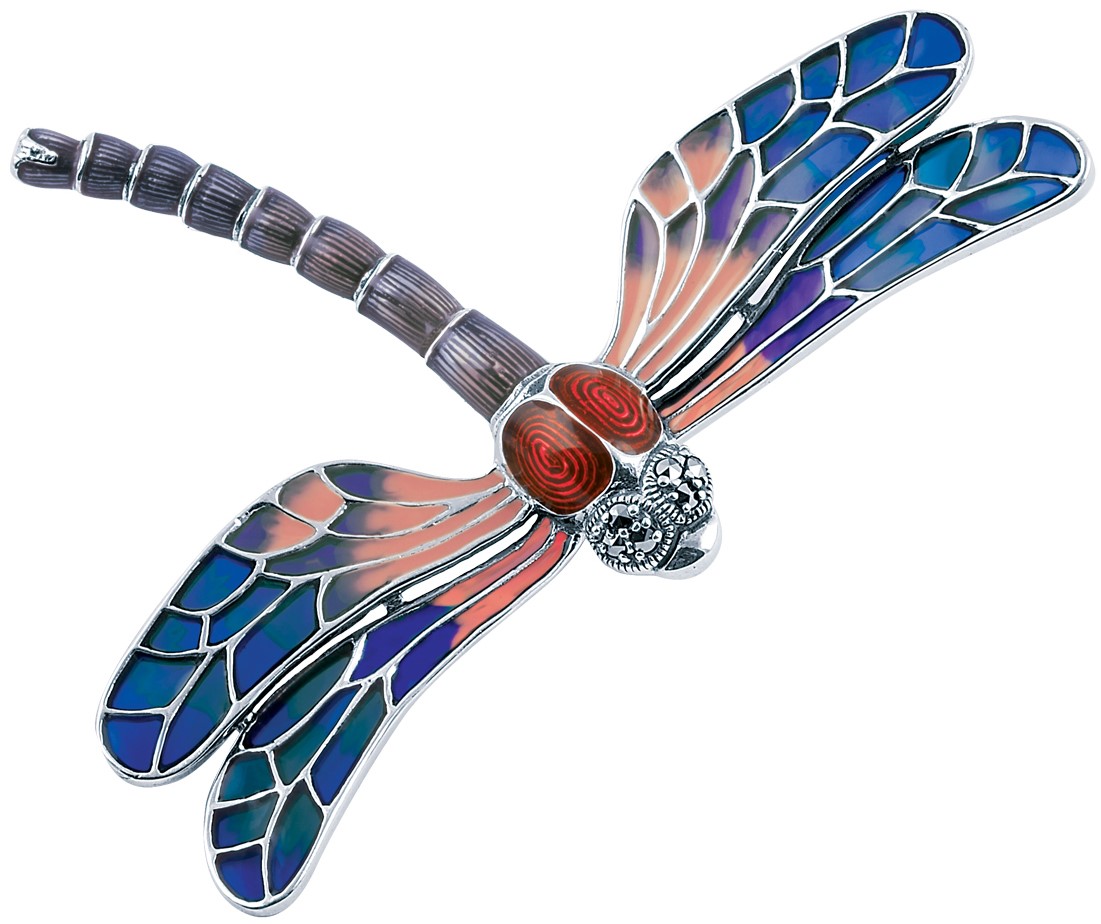 Sterling Silver Blue Dragonfly Brooch with plique-à-jour enamel and marcasite eyes, shown front-on against white background.