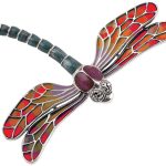Red dragonfly brooch silver BRS00096- crafted in genuine sterling silver with marcasite eyes inlaid with red, purple & green piqué-a-jour enamel.