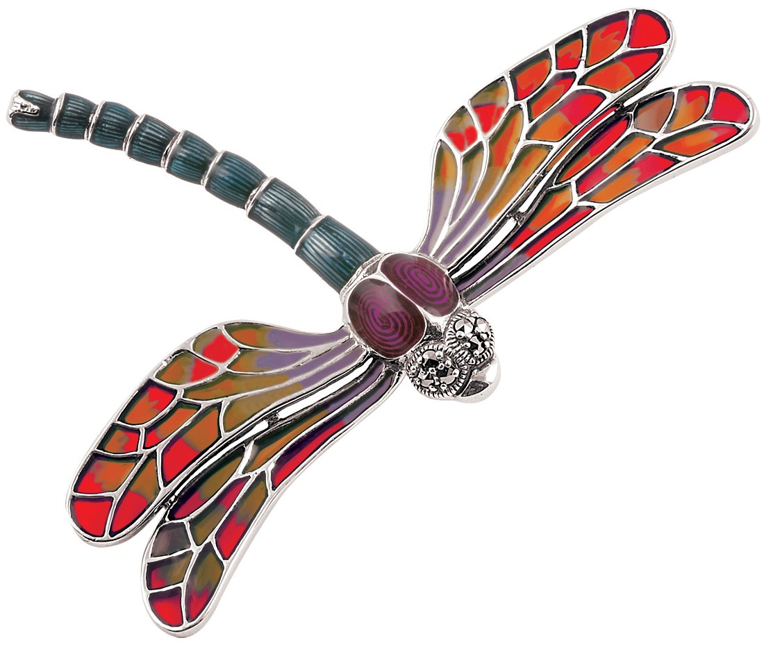Red dragonfly brooch silver BRS00096- crafted in genuine sterling silver with marcasite eyes inlaid with red, purple & green piqué-a-jour enamel.