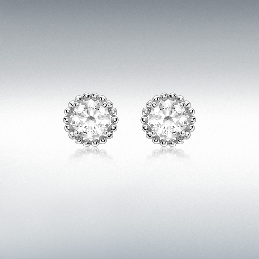 9ct white stud earrings ES00793-7MM-CZ, a single 5mm sparkling white cubic zirconia surrounded with a single row of 9ct white gold balls.