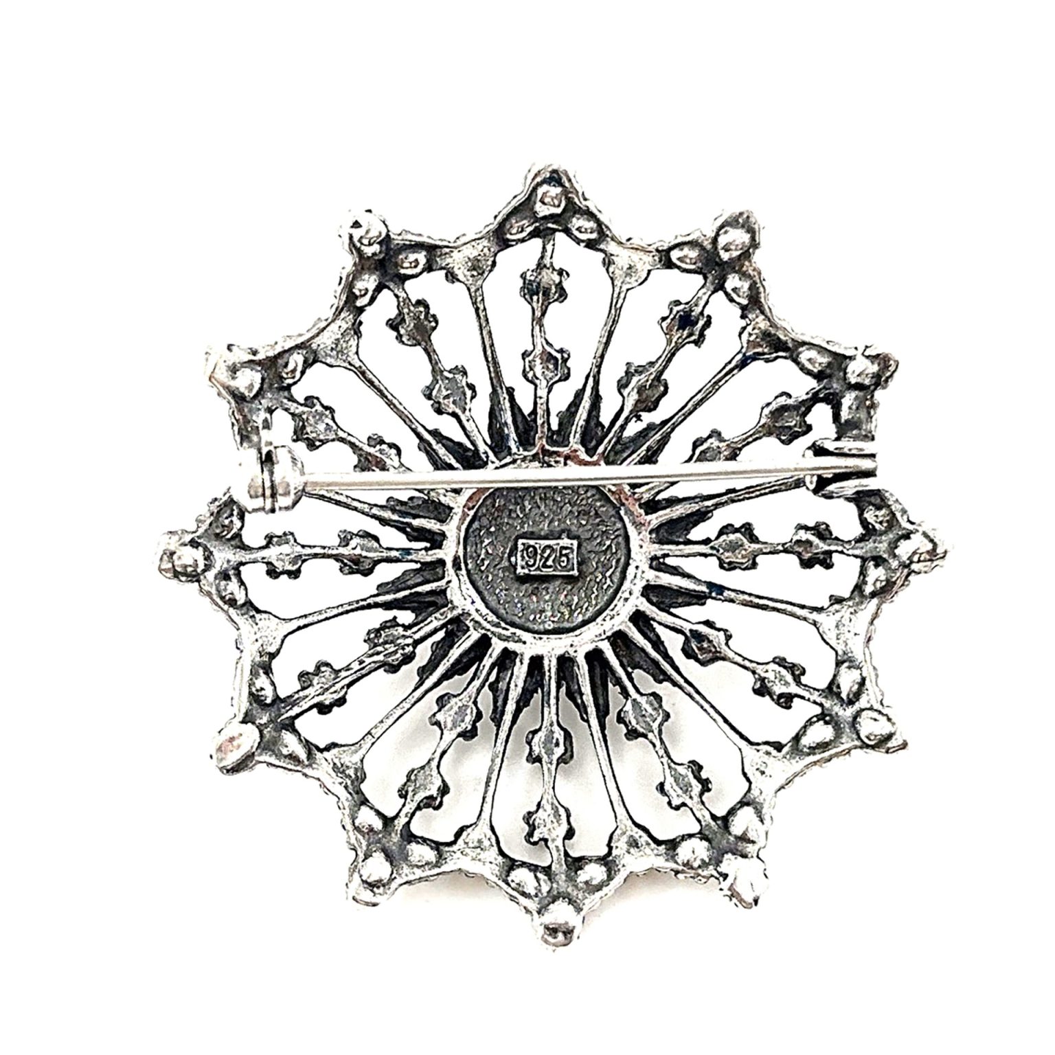 The back view of A real sterling silver starburst brooch with a single cultured pearl centre radiating a starburst of white sparkling crystals and an outer scalloped edge, BRS00098.Measures 38mm x 38mm.