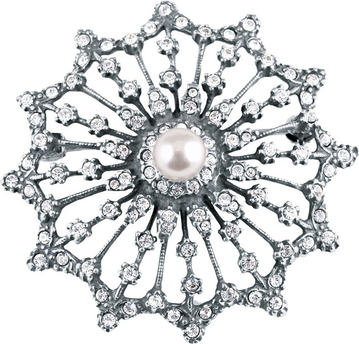 A real sterling silver starburst brooch with a single cultured pearl centre radiating a starburst of white sparkling crystals and an outer scalloped edge, BRS00098.measures 38mm x 38mm.