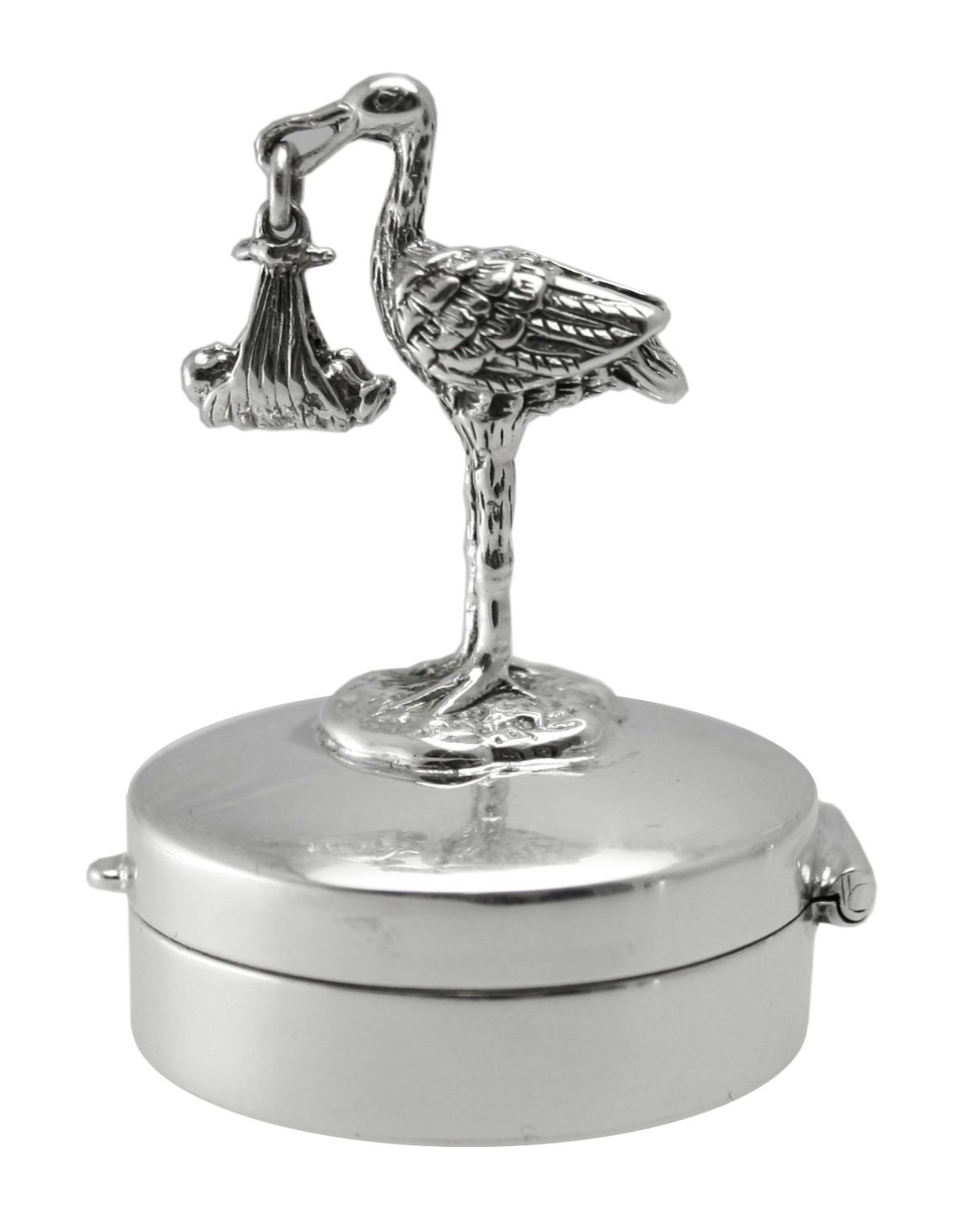 Sterling Silver round hinged trinket box with a stork and a baby standing on the lid