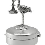 Sterling Silver round hinged trinket box with a stork and a baby standing on the lid