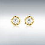 9ct gold stud earrings ES00792-7MM-CZ, a single 5mm sparkling white cubic zirconia surrounded with a single row of 9ct yellow gold balls.