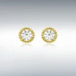 9ct gold stud earrings ES00792-7MM-CZ, a single 5mm sparkling white cubic zirconia surrounded with a single row of 9ct yellow gold balls.