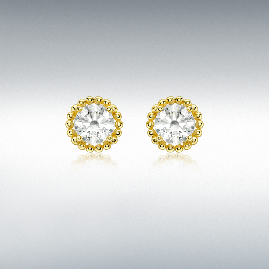 9ct gold stud earrings ES00792-7MM-CZ, a single 5mm sparkling white cubic zirconia surrounded with a single row of 9ct yellow gold balls.