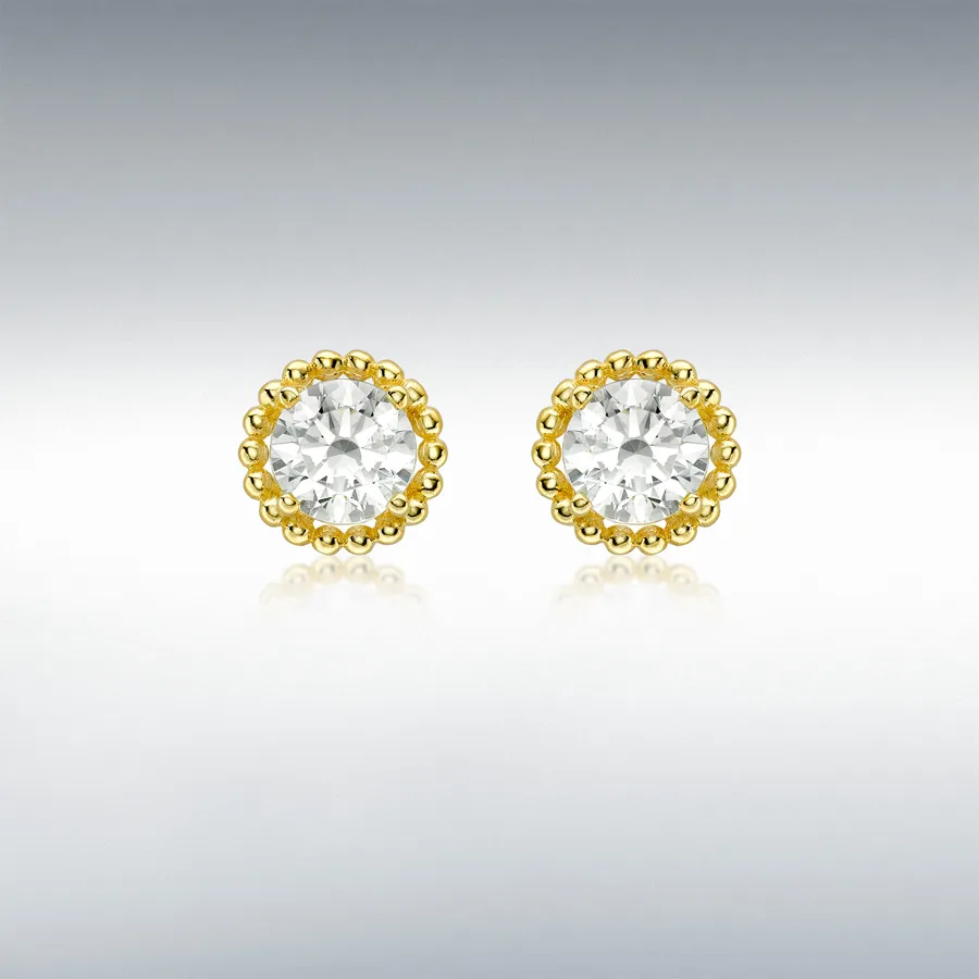 9ct gold stud earrings ES00792-7MM-CZ, a single 5mm sparkling white cubic zirconia surrounded with a single row of 9ct yellow gold balls.