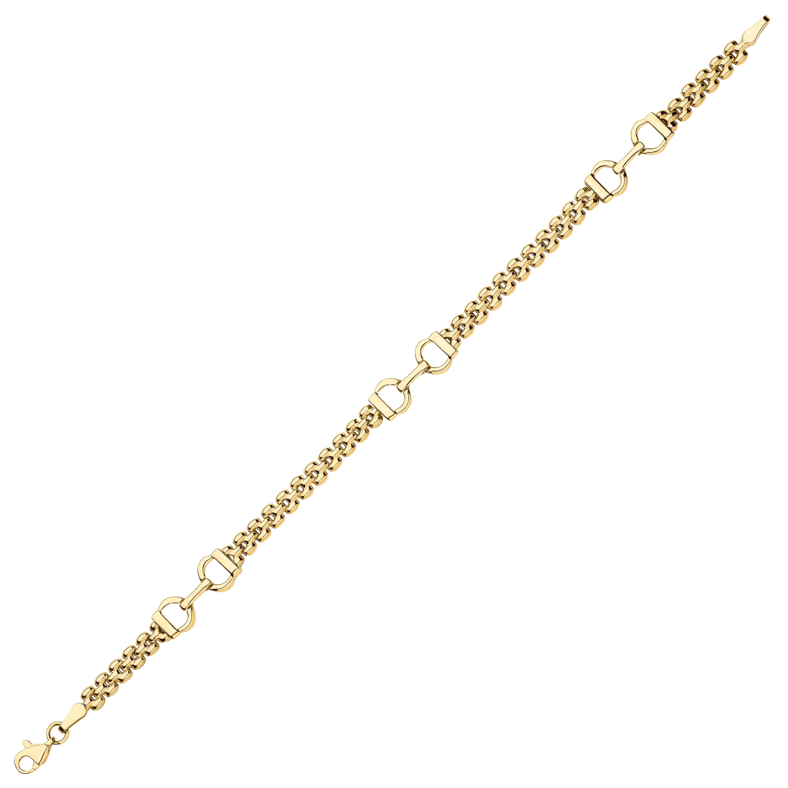 9ct yellow gold stirrup bracelet BL00234 A Panther style or brick design with three sets of two stirrups evenly spaced with a trigger clasp.