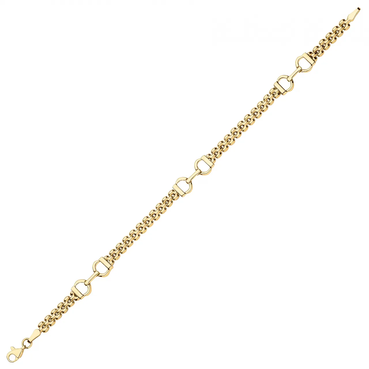 9ct yellow gold stirrup bracelet BL00234 A Panther style or brick design with three sets of two stirrups evenly spaced with a trigger clasp.