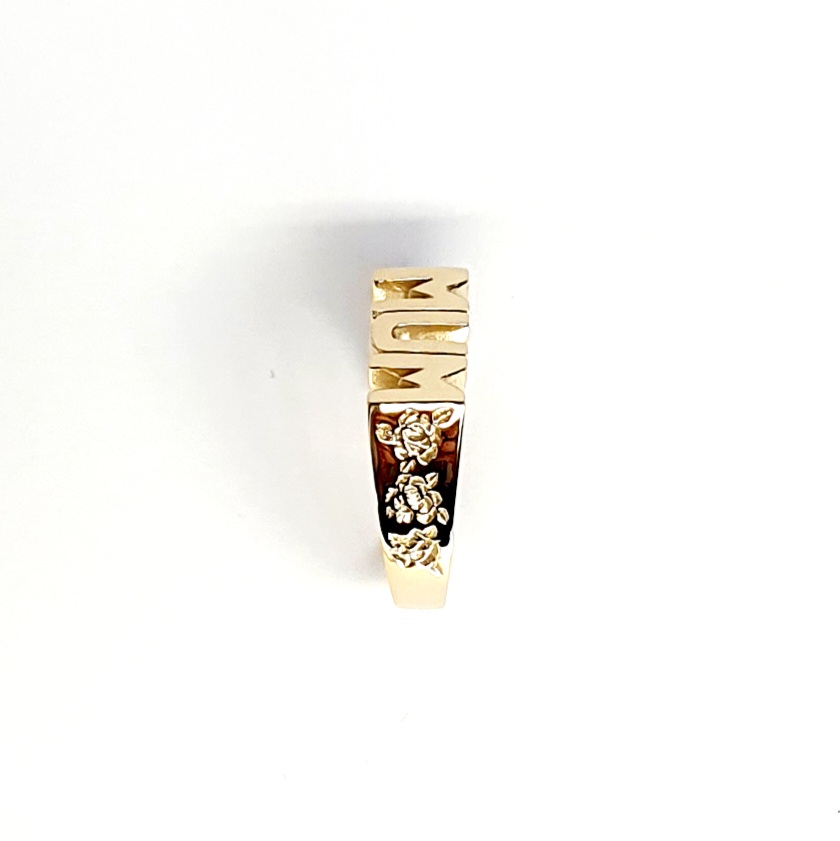 The solid 9ct yellow gold mum ring R00145 has three hand-engraved roses on each side.