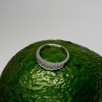 Avocado Elegance: The rich green backdrop of an avocado highlights the brilliance of the nine princess-cut diamonds and the polished 18ct white gold, creating a stunning visual contrast.