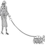 A real silver lady walking a dog on a chain leash brooch set with cubic zirconia with two pins.