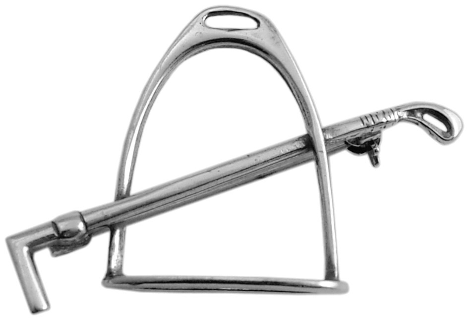 Plain polished sterling silver stirrup and crop horse riding equestrian brooch BRS00099.