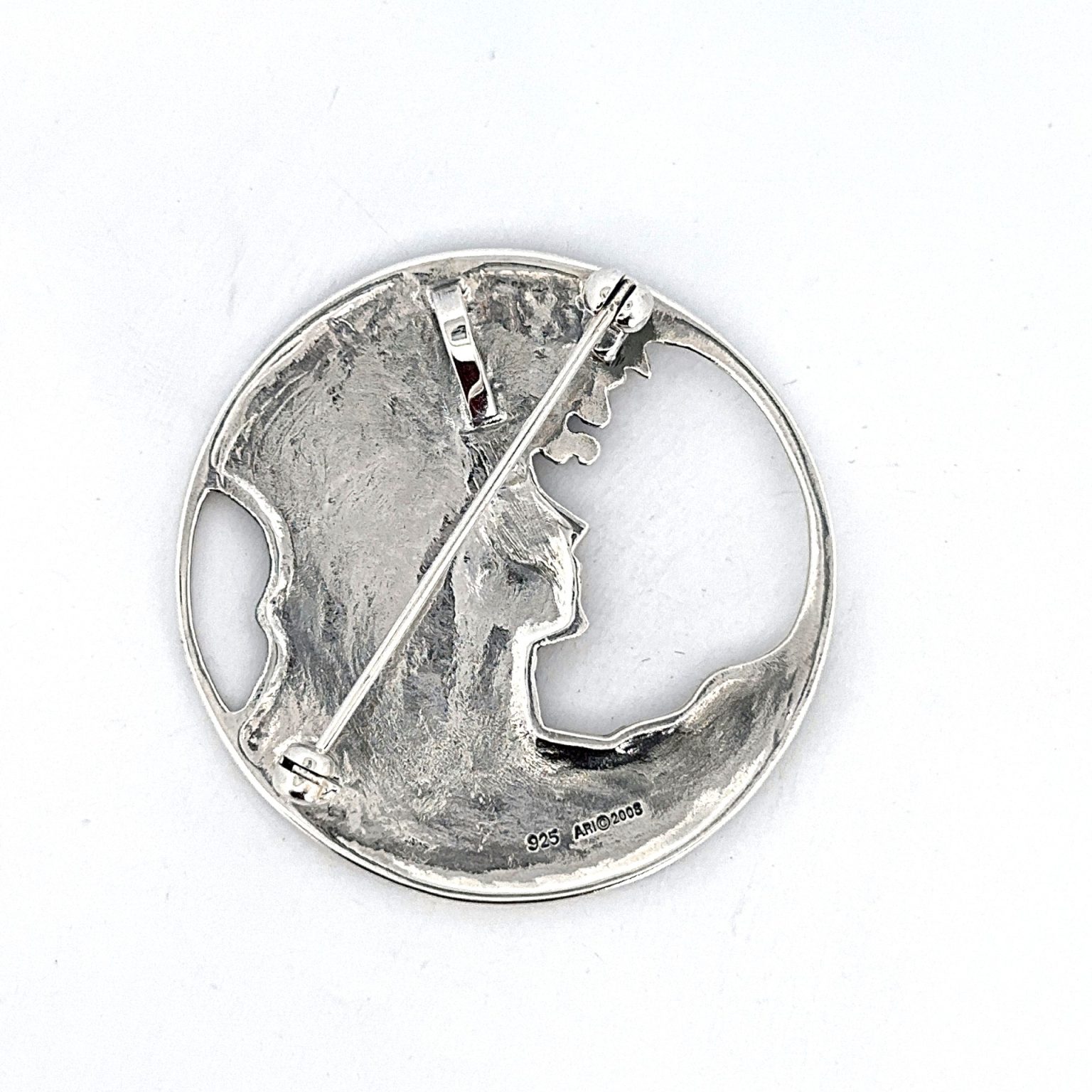 Sterling silver elegant art nouveau style lady profile brooch brs00101, back.