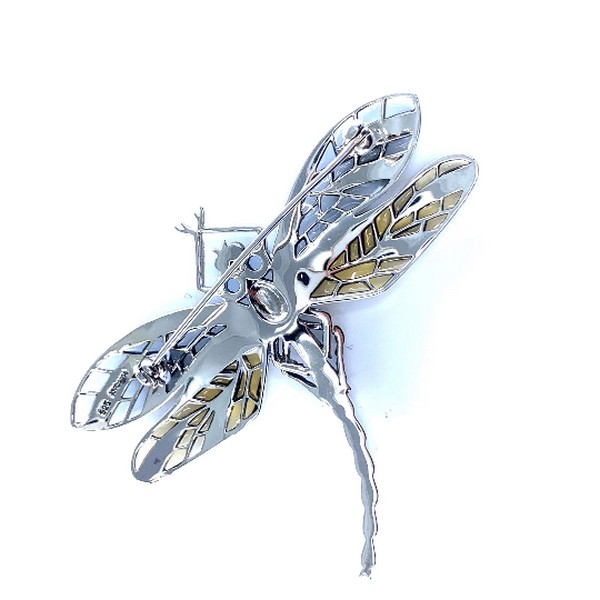 A blue and yellow dragonfly brooch made in the UK in hallmarked sterling silver, set with marcasite and gorgeous plique-a-jour enamel, in wonderful bright summer colours with blue eyes, BRS00105 dimensions:-length: 5.5cm width: 7cm.