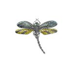 A blue and yellow dragonfly brooch made in the UK in hallmarked sterling silver, set with marcasite and gorgeous plique-a-jour enamel, in wonderful bright summer colours with blue eyes, BRS00105 dimensions:-length: 5.5cm width: 7cm.