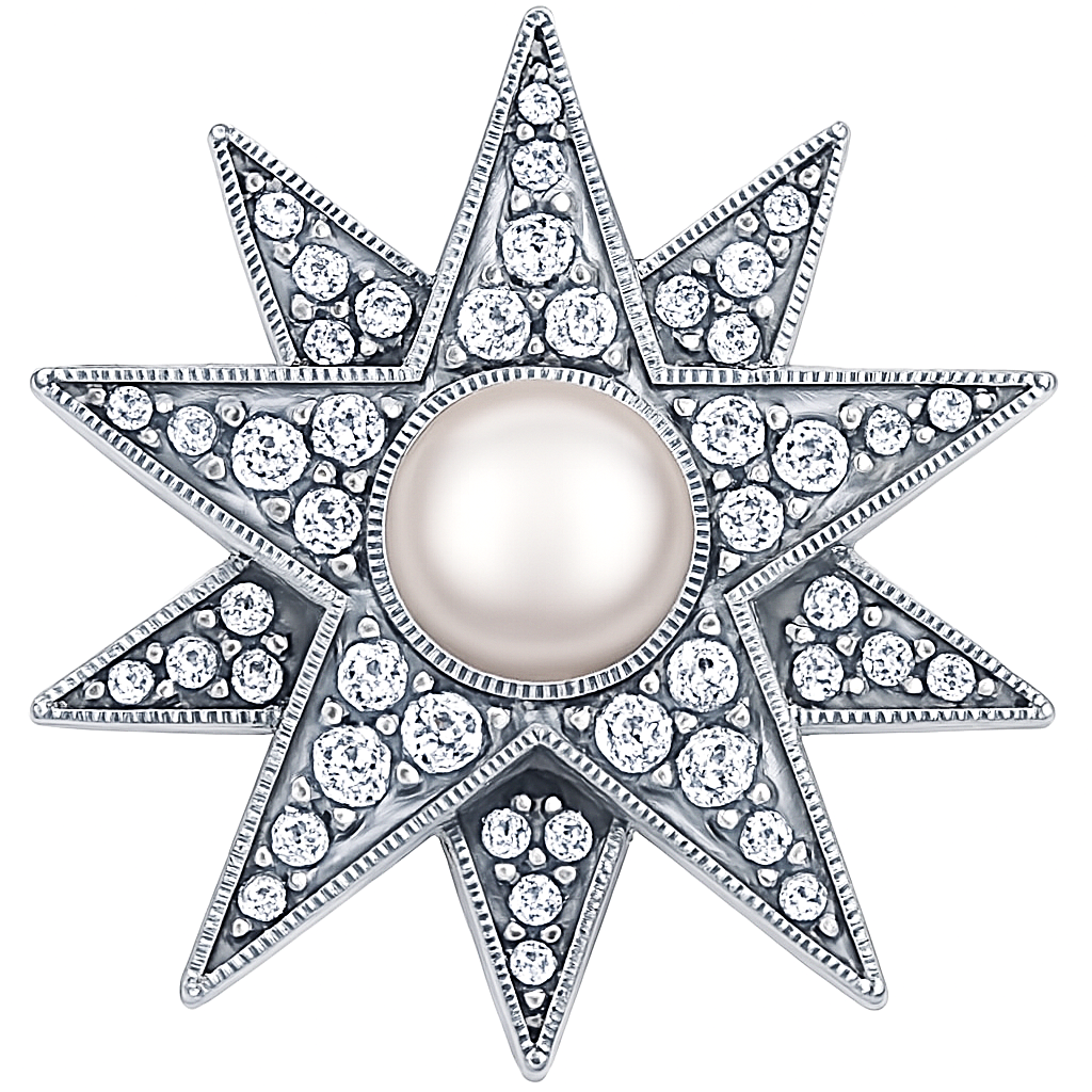 Austrian crystal and pearl star brooch, made in Britain in sterling silver, with Austrian crystals set with a single pearl in the centre, BRS00104.