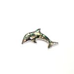 Oyster shell dolphin brooch in sterling silver. Front view.