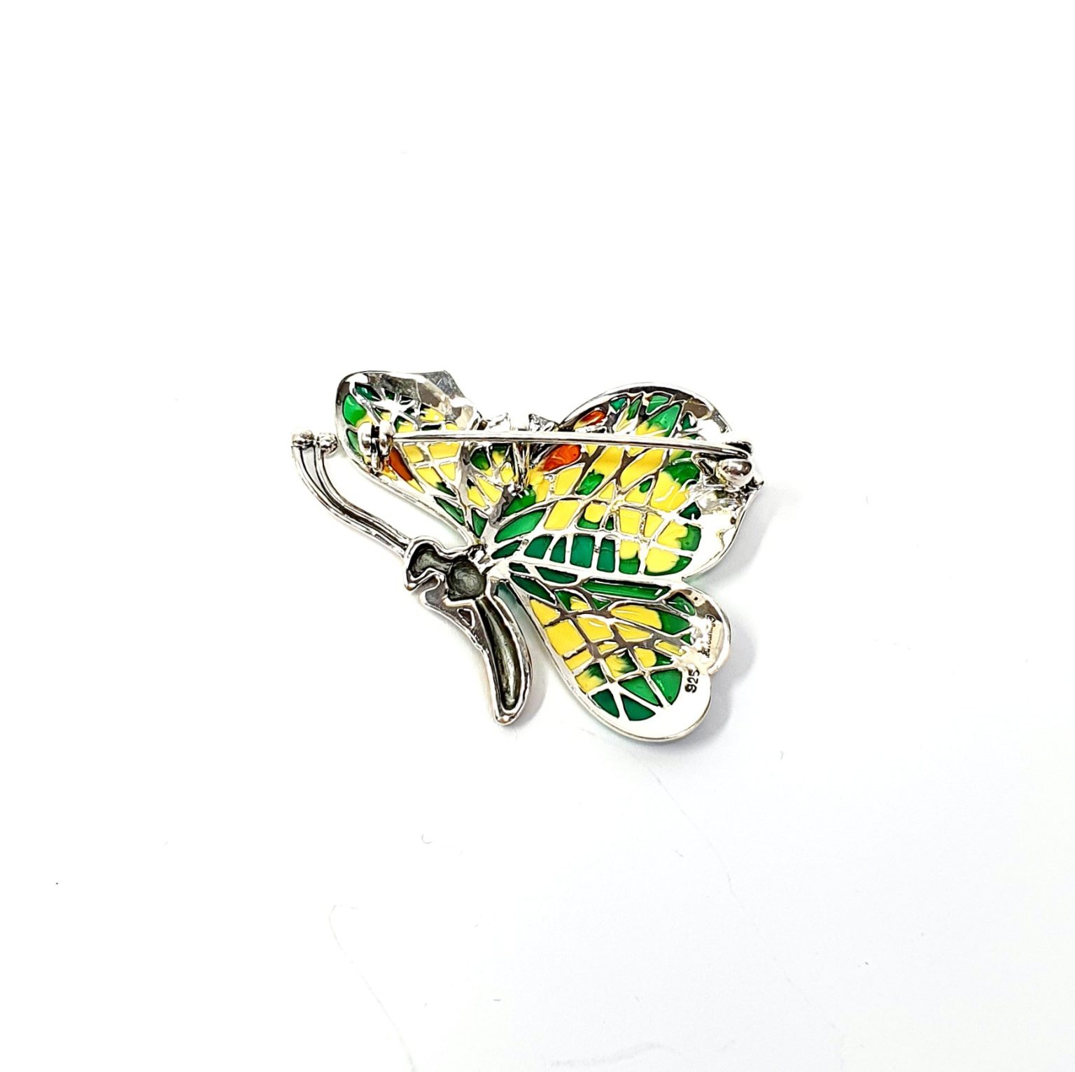 Lemon Butterfly Brooch Sterling Silver BRS00107 Genuine 925 sterling silver butterfly brooch with lemon and pale green colour Plique-à-jour enamel wings with real marcasite set to the tips, the body and eye with a golden yellow enamel with two long polished silver antennae. Back view.