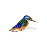 A charming vintage 9ct gold enamelled kingfisher brooch BRQ00026 facing to the right it has a bright blue head with a white streak and a white neck with an orange belly and blue and green wing, perched on a 9ct yellow gold branch.