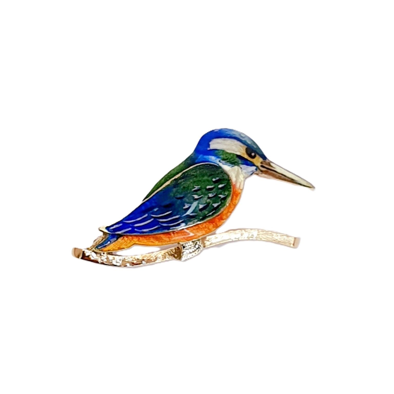 A charming vintage 9ct gold enamelled kingfisher brooch BRQ00026 facing to the right it has a bright blue head with a white streak and a white neck with an orange belly and blue and green wing, perched on a 9ct yellow gold branch.