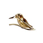 A charming vintage 9ct gold enamelled kingfisher brooch BRQ00026 back view facing to the left t it has a Cropp & Farr Hallmark to the centre it has a straight pin with a swivel safety catch.