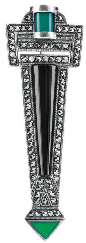 Brooch pin set with Black Onyx, Green Agate and Marcasite BRS00106. Front view close up.