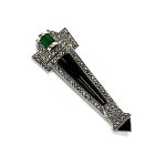 Art Deco Brooch pin set with Black Onyx, Green Agate and Marcasite BRS00106. Front view pointing to the right angled.
