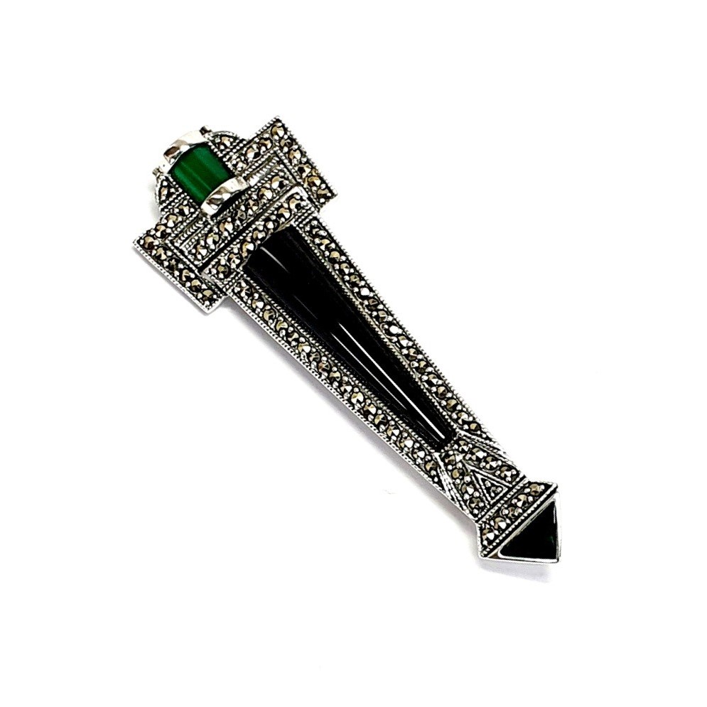 Art Deco Brooch pin set with Black Onyx, Green Agate and Marcasite BRS00106. Front view pointing to the right angled.