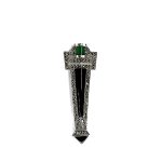 Art Deco style genuine 925 sterling silver Brooch pin set with Black Onyx, Green Agate and Marcasite BRS00106. Front view on white background.