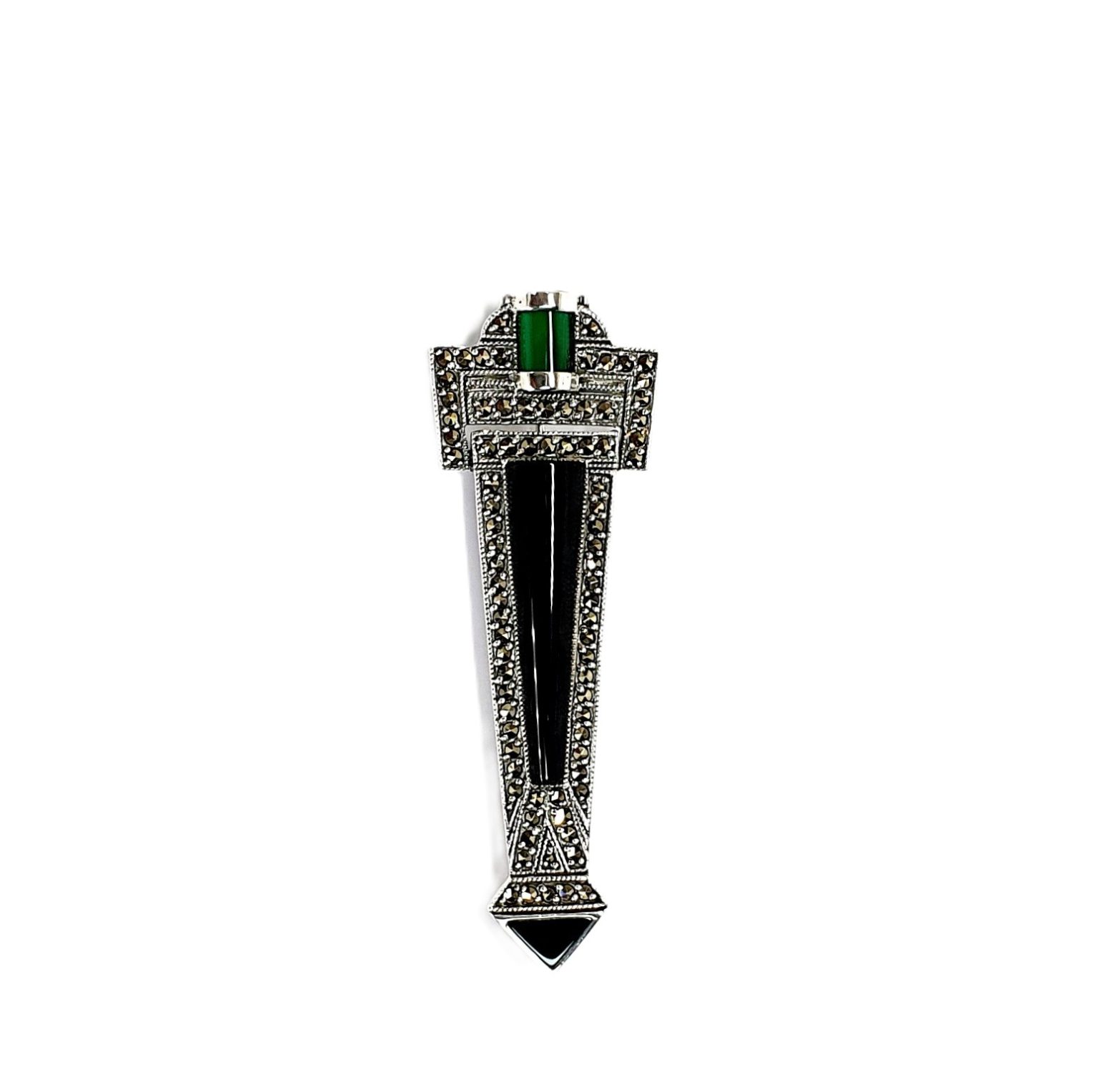Art Deco style genuine 925 sterling silver Brooch pin set with Black Onyx, Green Agate and Marcasite BRS00106. Front view on white background.