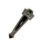 Art Deco style genuine 925 sterling silver Brooch pin set with Black Onyx, Green Agate and Marcasite BRS00106. Front view pointing to the left angled.