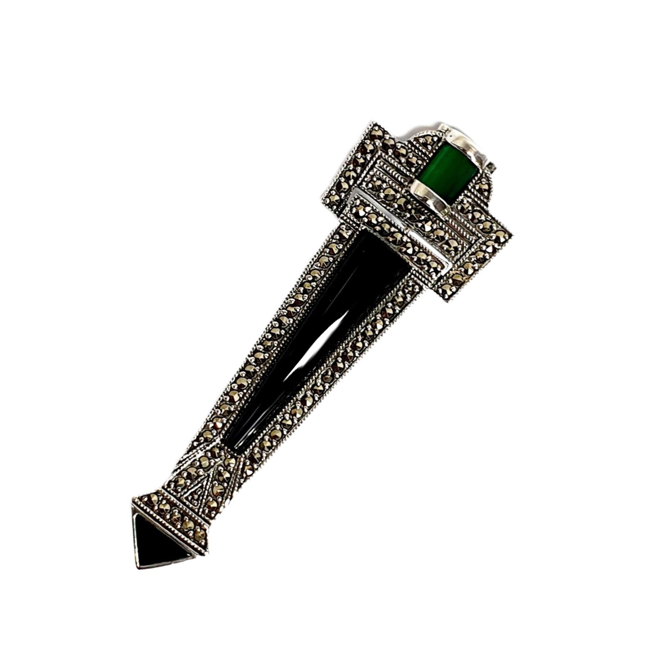 Art Deco style genuine 925 sterling silver Brooch pin set with Black Onyx, Green Agate and Marcasite BRS00106. Front view pointing to the left angled.