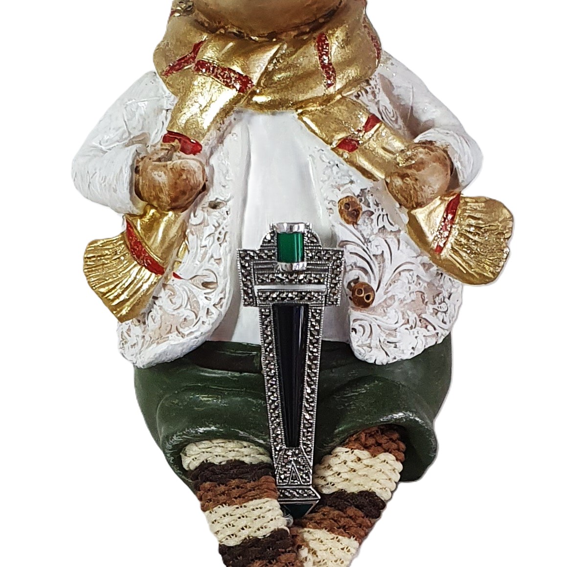 Art Deco-style sterling silver Brooch pin set with Black Onyx, Green Agate, and marcasite BRS00106. Front view close up on a toy mouse sitting.