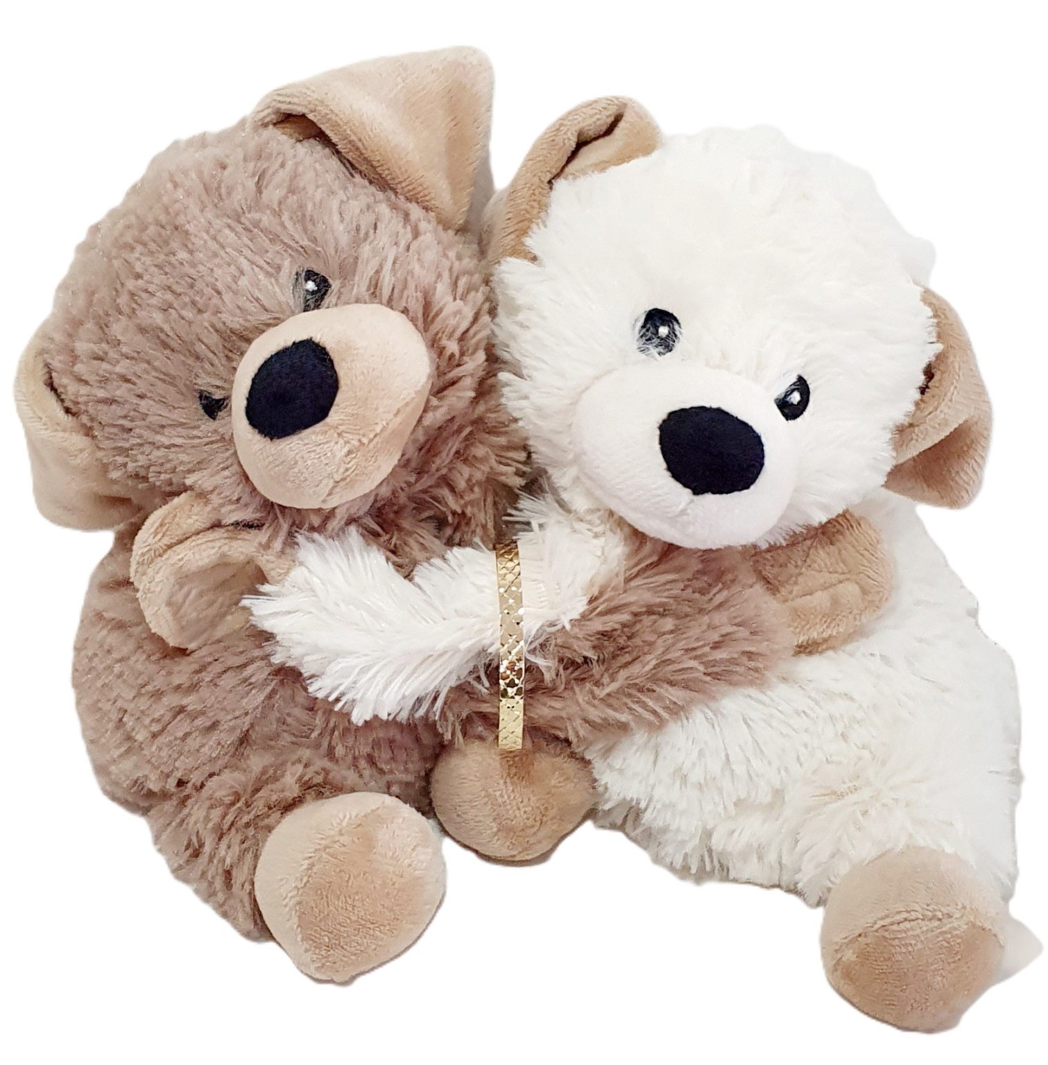 Gold expanding baby bangle 5mm wide with a diamond cut pattern BBG0003 shown in between two cuddling toy teddy bears