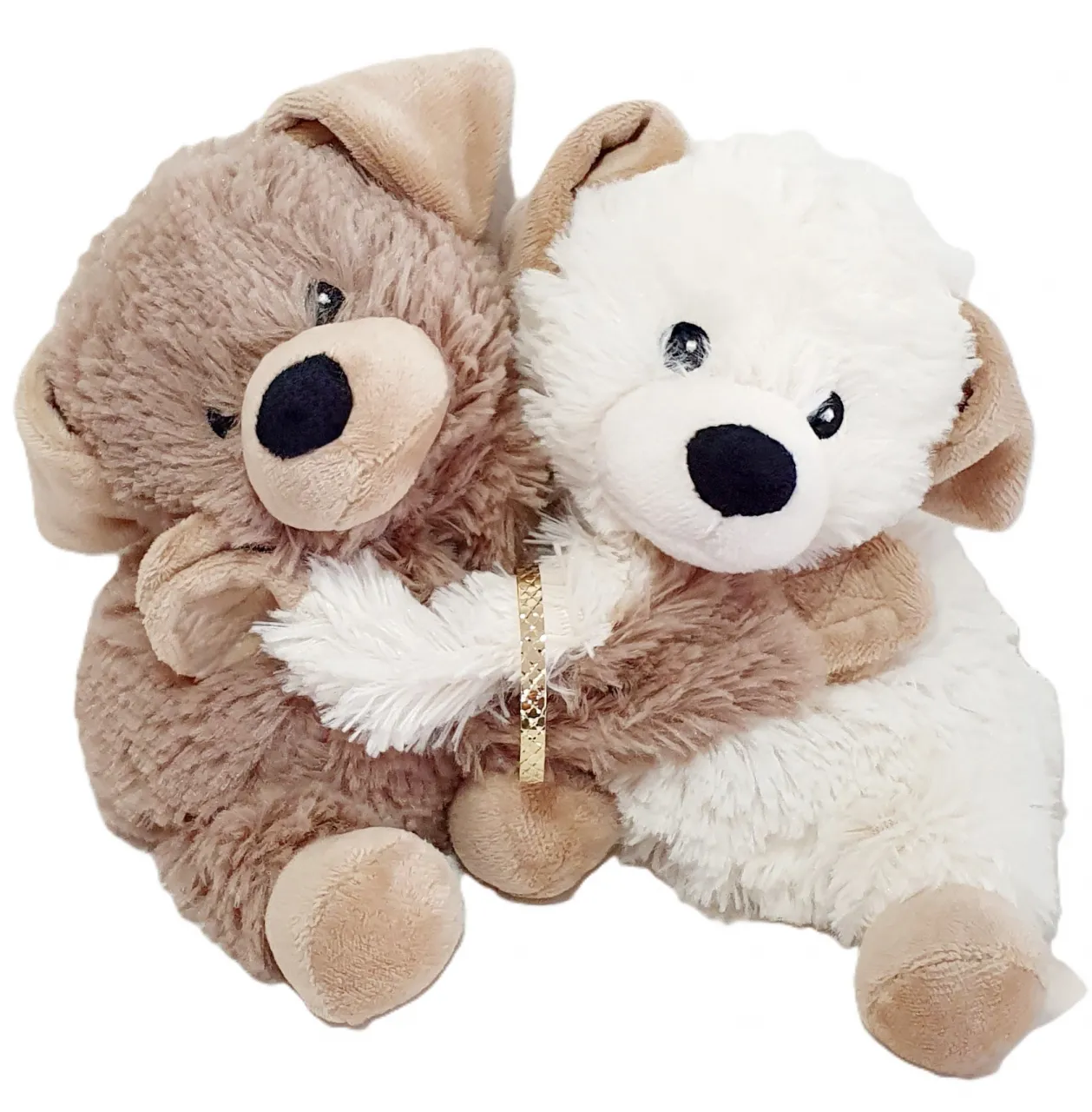 Gold expanding baby bangle 5mm wide with a diamond cut pattern BBG0003 shown in between two cuddling toy teddy bears