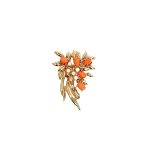The Dhon bouquet & leaf 9ct gold Pink coral & white pearl brooch BRQ00025 with white background.