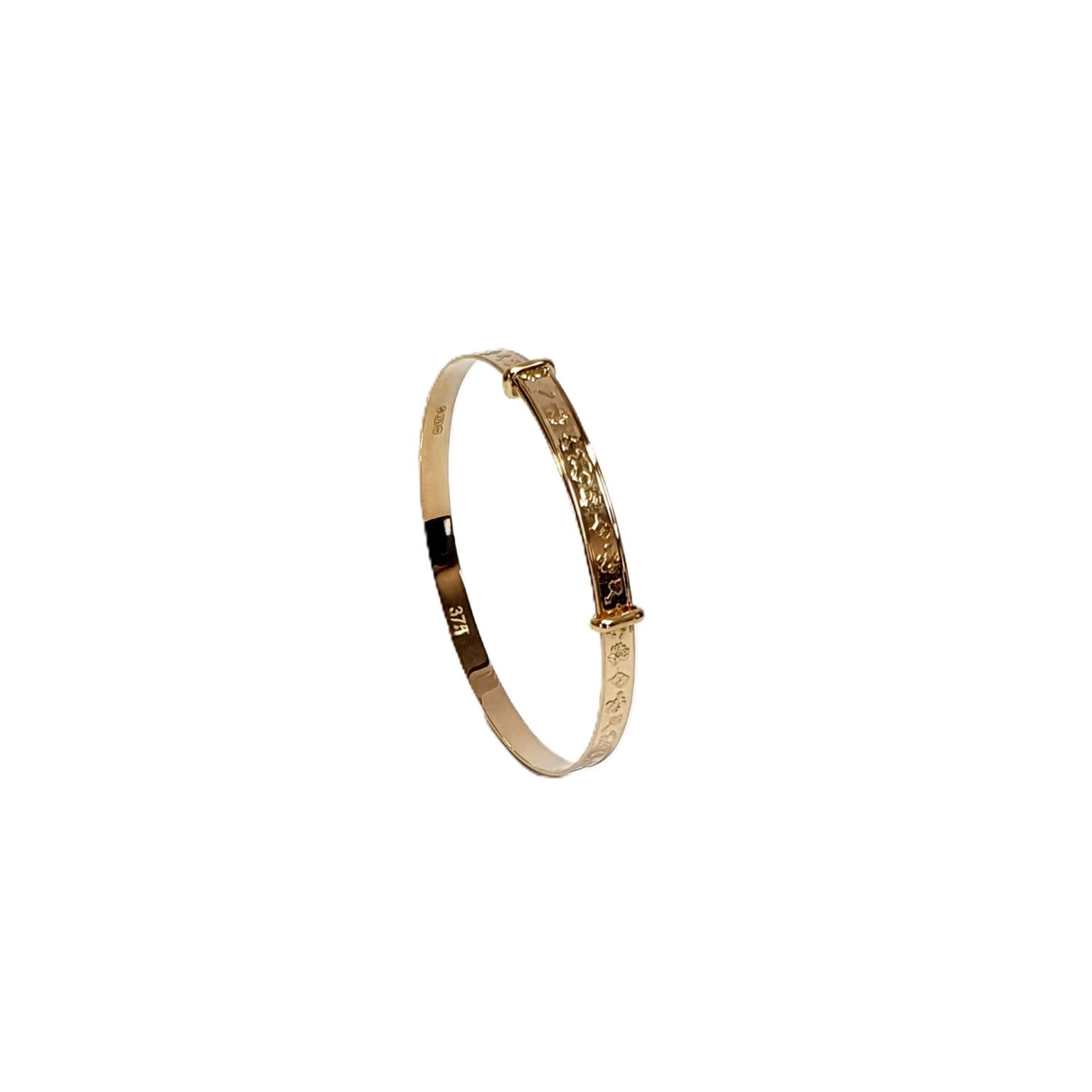 9ct gold small adjustable baby bangle with embossed pictures of toys BBG0004