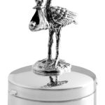 Sterling Silver round-hinged trinket box with a 3D stork and a baby standing on the lid facing slightly to the left.