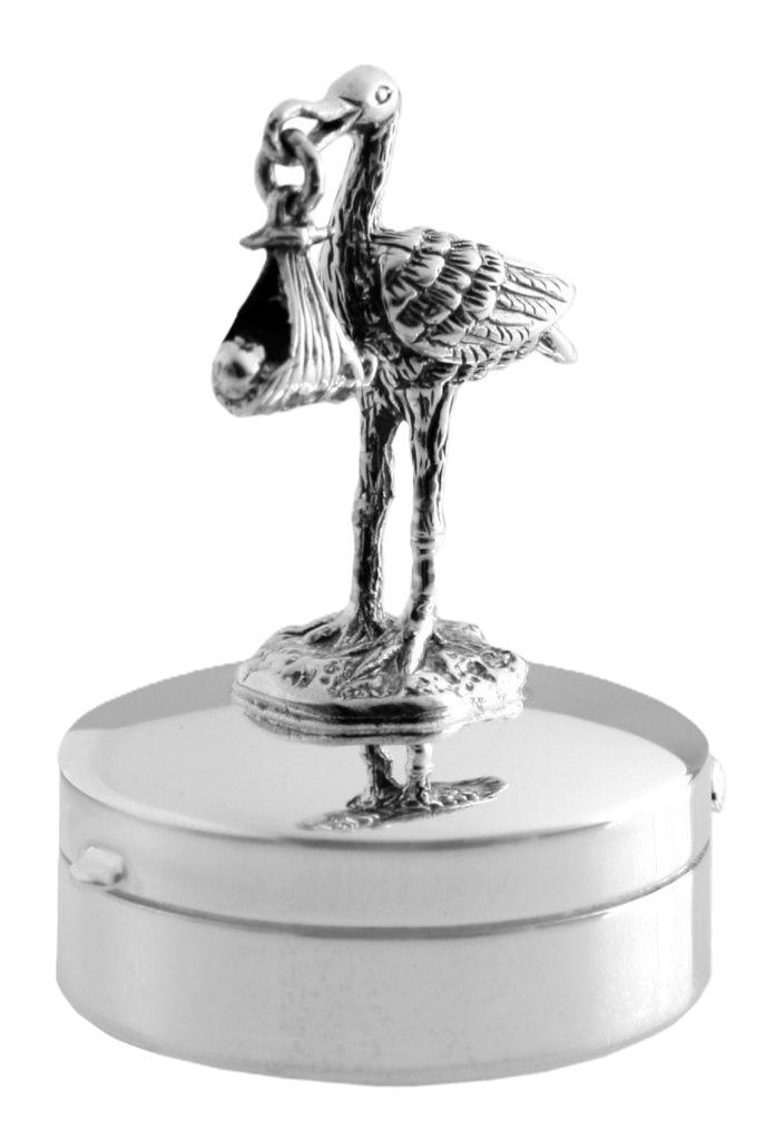 Sterling Silver round-hinged trinket box with a 3D stork and a baby standing on the lid facing slightly to the left.